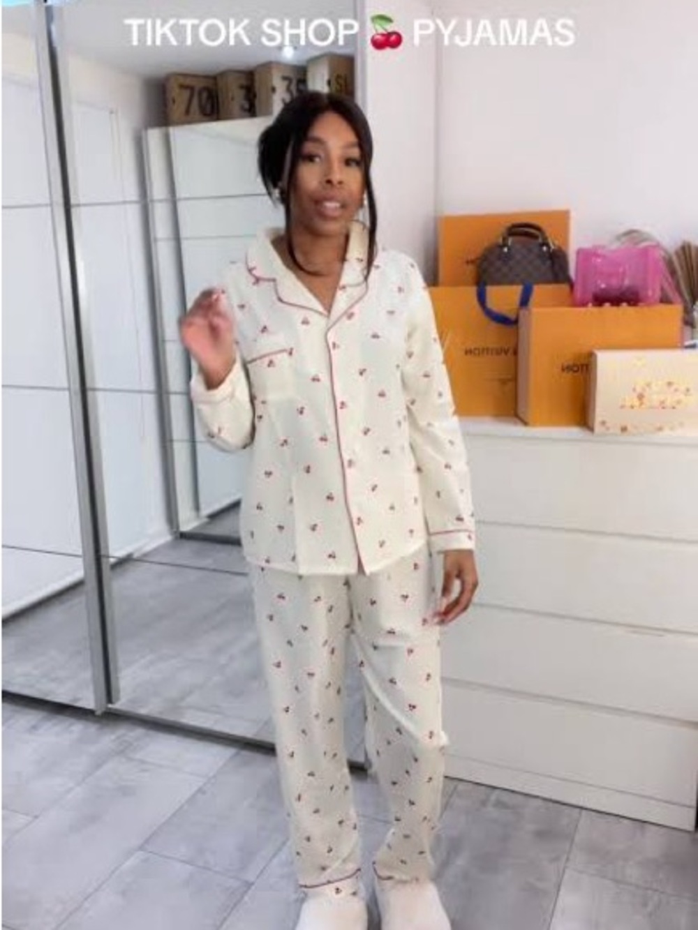 Women's Cream Cherry-Print Pajama Set with Pink Piping